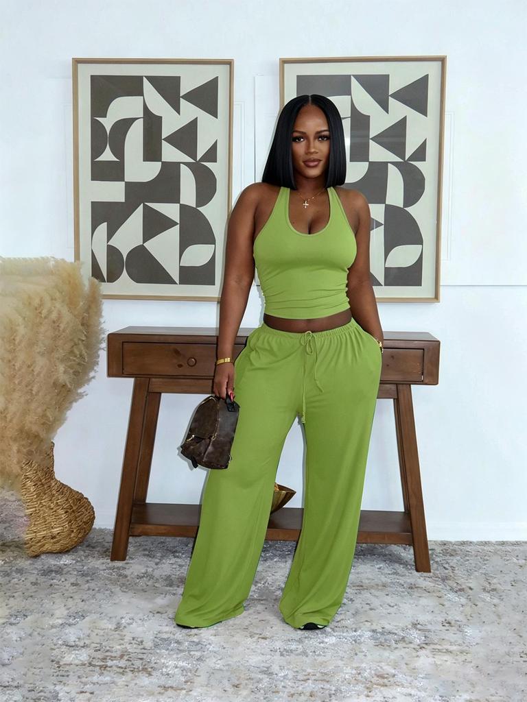 Women's Summer Solid Color Halter Top with High-Waisted Pocket Wide-Leg Pants