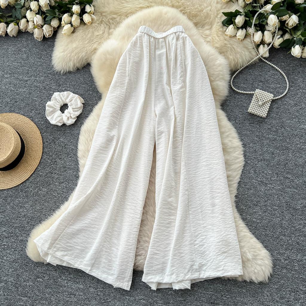 Summer Women Chic Boho Elastic Waist Wide Leg Ankle Length Pant Trouser With Pocket