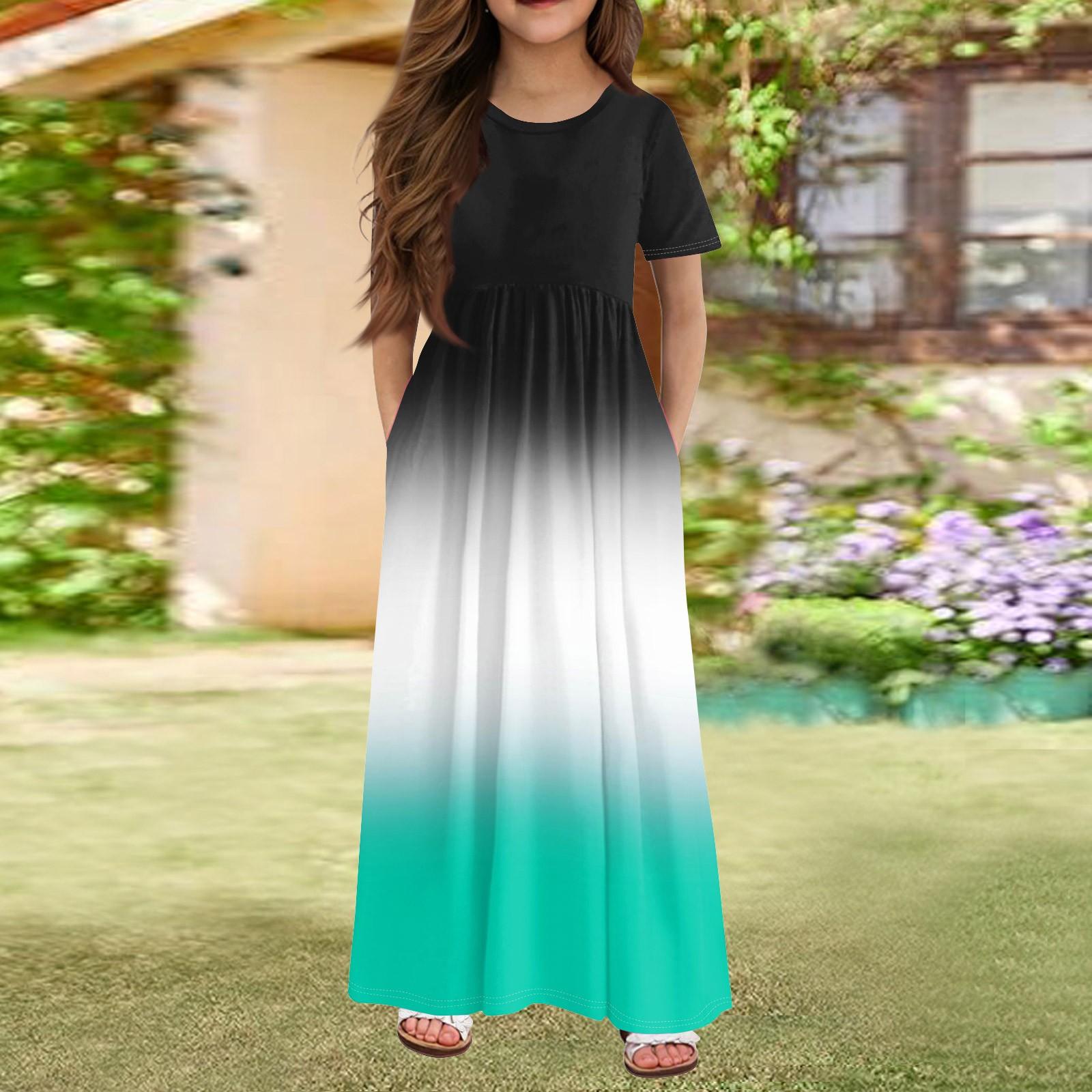 

Длинное летнее платье для девочек - платье макси с короткими рукавами и карманами для детей 4-14 лет 140