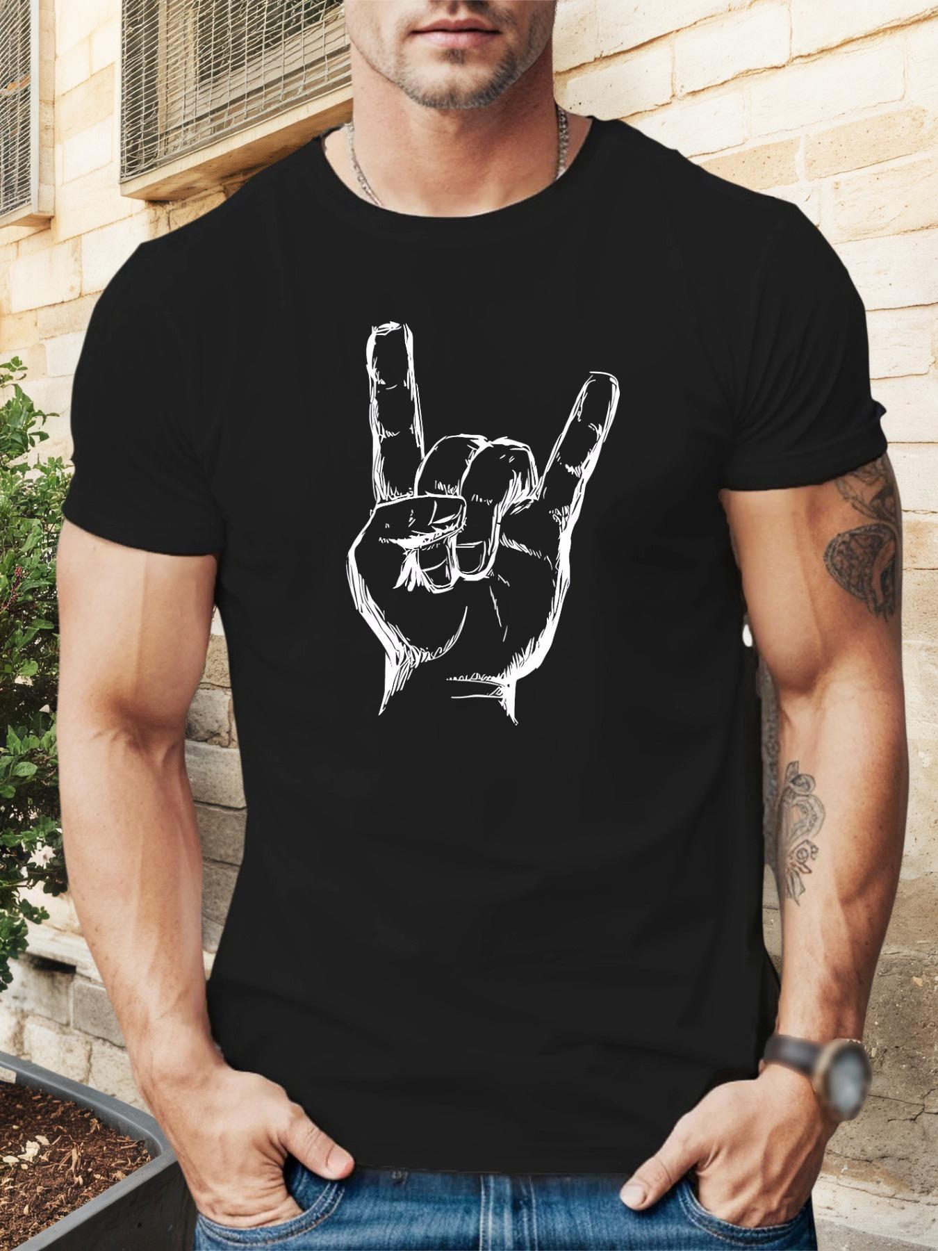 Red Rock On Hand Gesture Graphic T-shirt - Casual Summer Crew Neck Tee with Skull & Guitar Design XXL