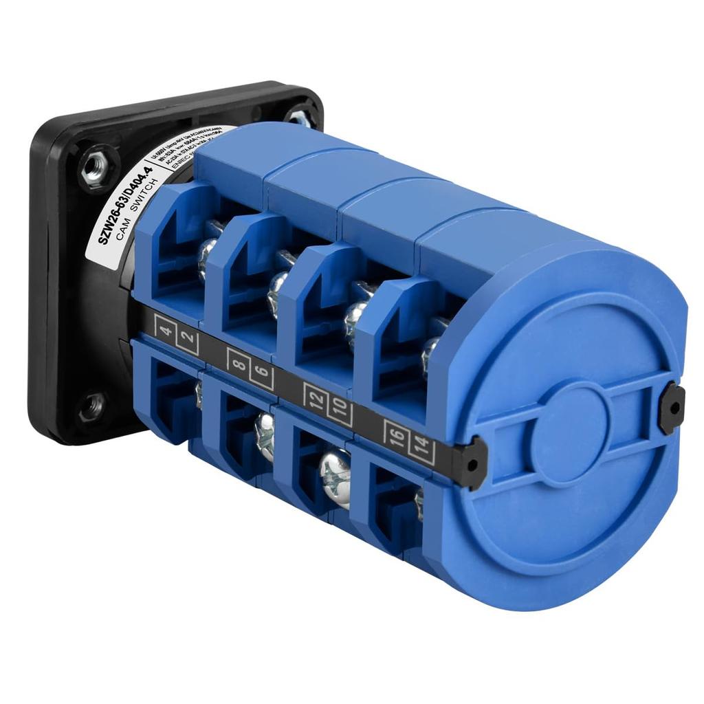 Heschen Universal Rotary Cam Selector Changeover 660V 3 Position 4 Phase 16 CE Switch, SZW26-63/D404.4, 63A, ON-OFF-ON, 4NO+4NC Terminals,