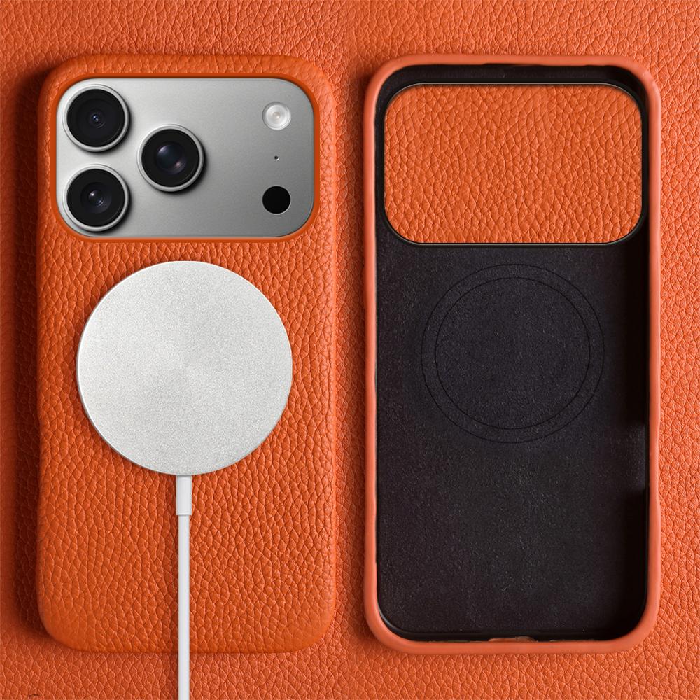 For iPhone 17 Pro Case Compatible with MagSafe Litchi Texture Genuine Cow Leather + PC Phone Cover