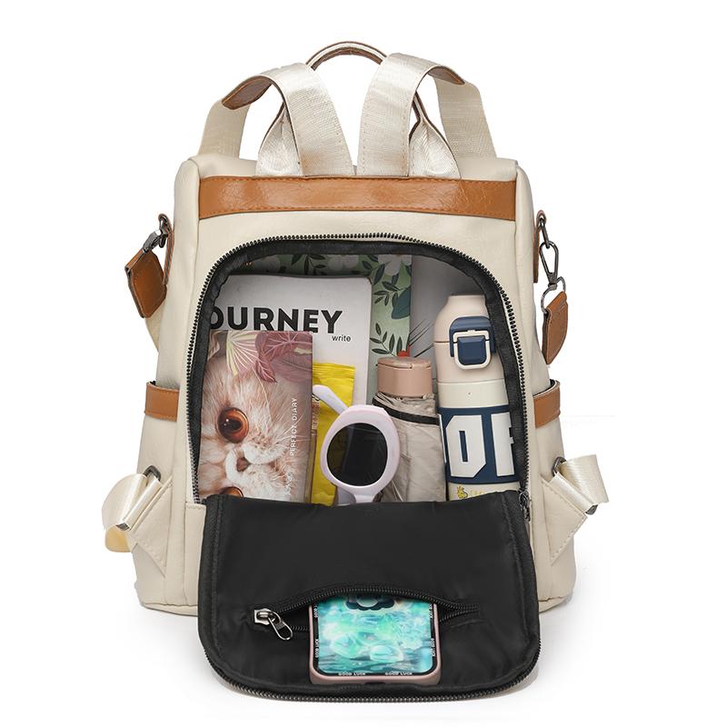 Women's Soft Leather Backpack Color Block Student Schoolbag Tassel Travel Bag