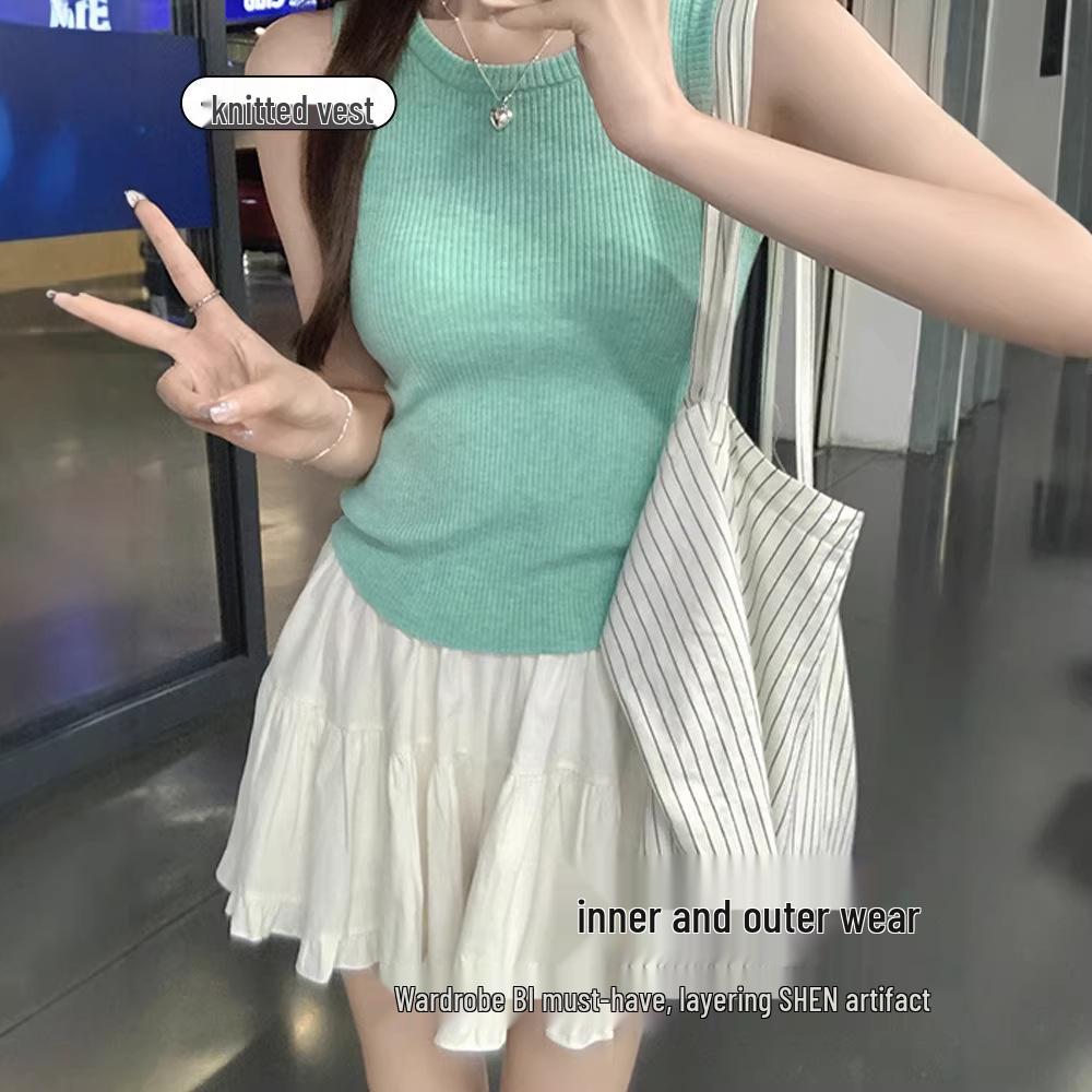 Women's Mint Green Knit Racerback Tank Top - Korean Style, Slim Fit, Summer Outerwear
