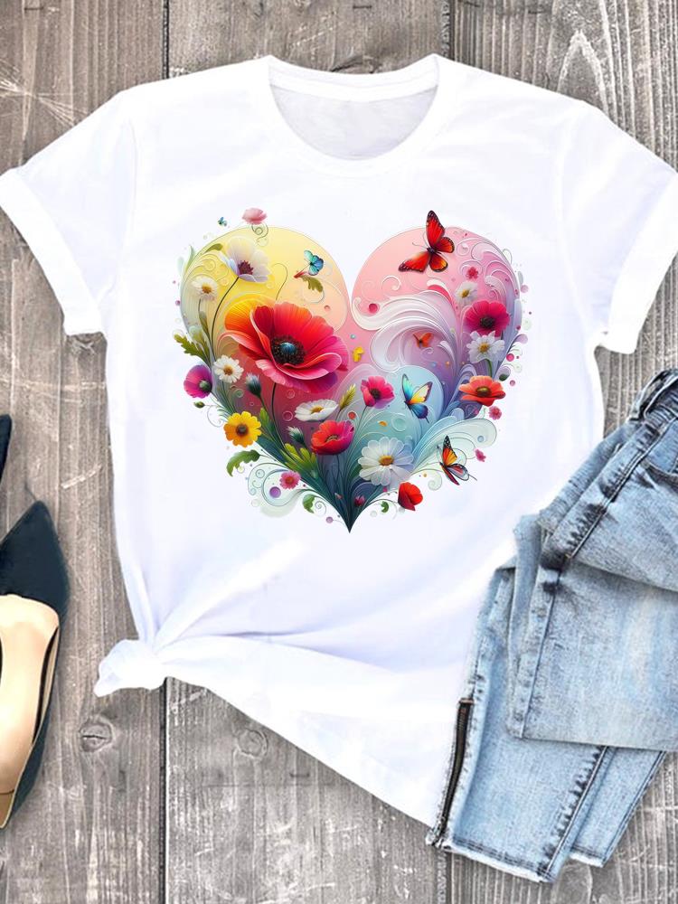 (Asian Size) flower sweet 90s  Short Sleeve T-shirts Lady Female Top Printed Fashion Clothing Women Graphic Casual T Shirt Tee