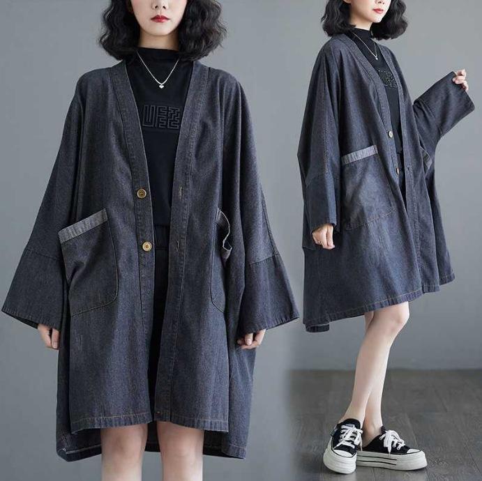 Women's Autumn Retro V-neck Pocket Denim Jacket Ladies Loose Causal Medium Long Trench Jacket