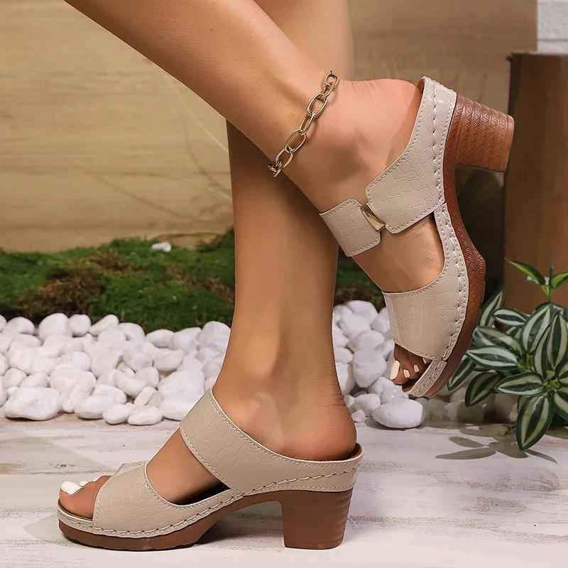 Fashion Fashion Green High Heels Sandals Women Summer 2025 Pu Leather Square Heel Sandals Slides Woman Slip-On Platform Sandalias Mujer