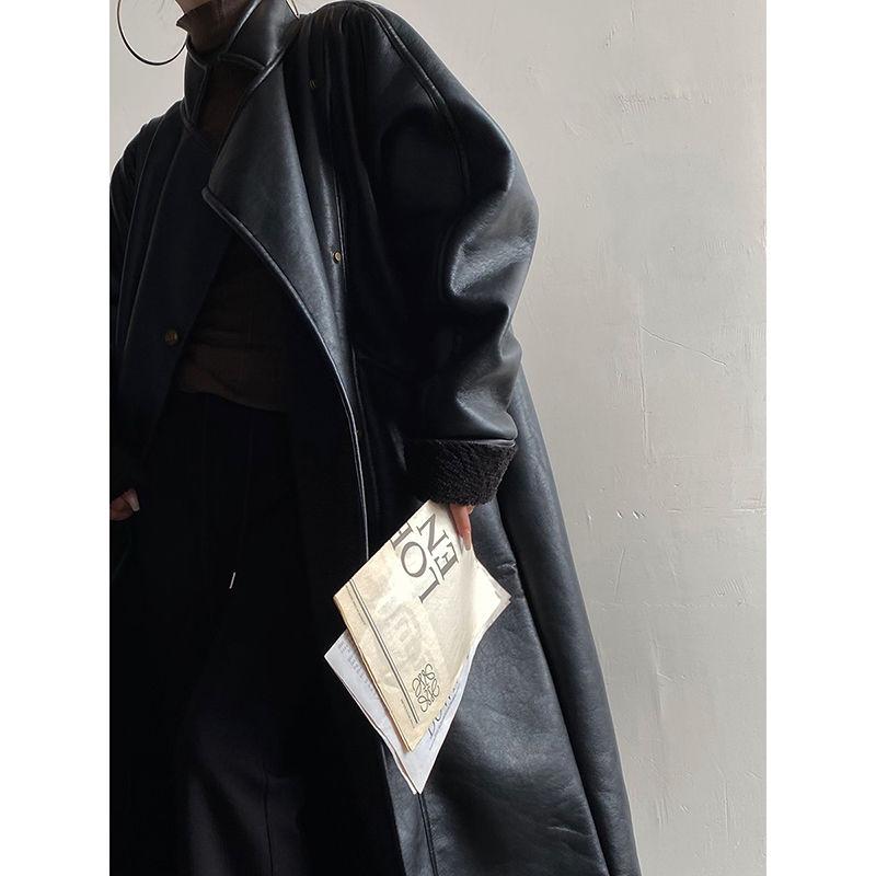 European and American-style Imitation Lamb Wool Stitching PU Leather Women's Handsome Jacket Trench Coat Long Cotton-padded Jacket Coat Women