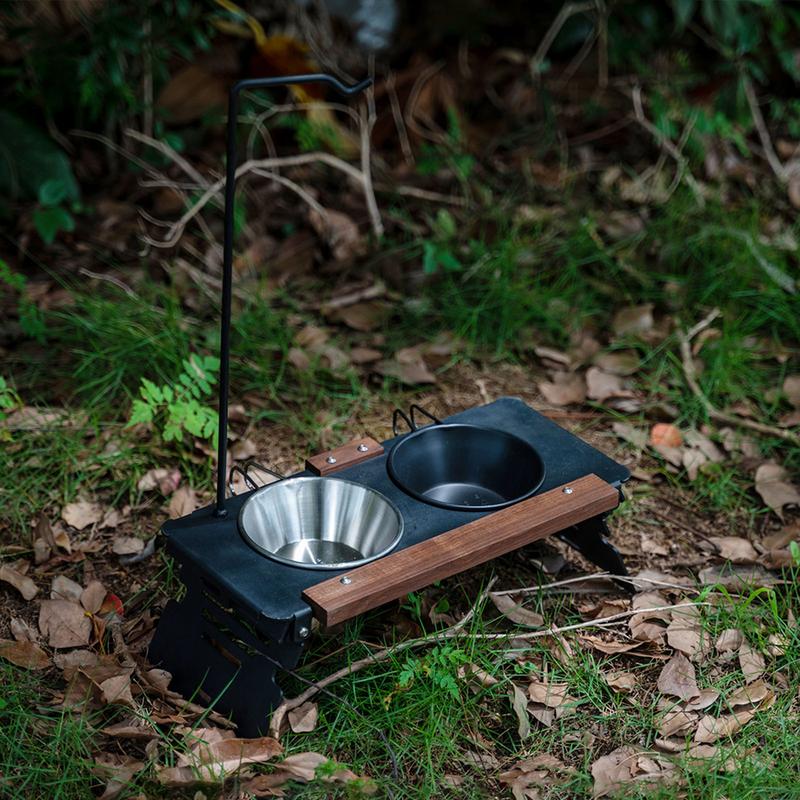 camping Dog Bowl Stand With Lamp Rack Pets Feeder Set portable Foldable Cat and Dog Food holder With 2 Bowls for camping