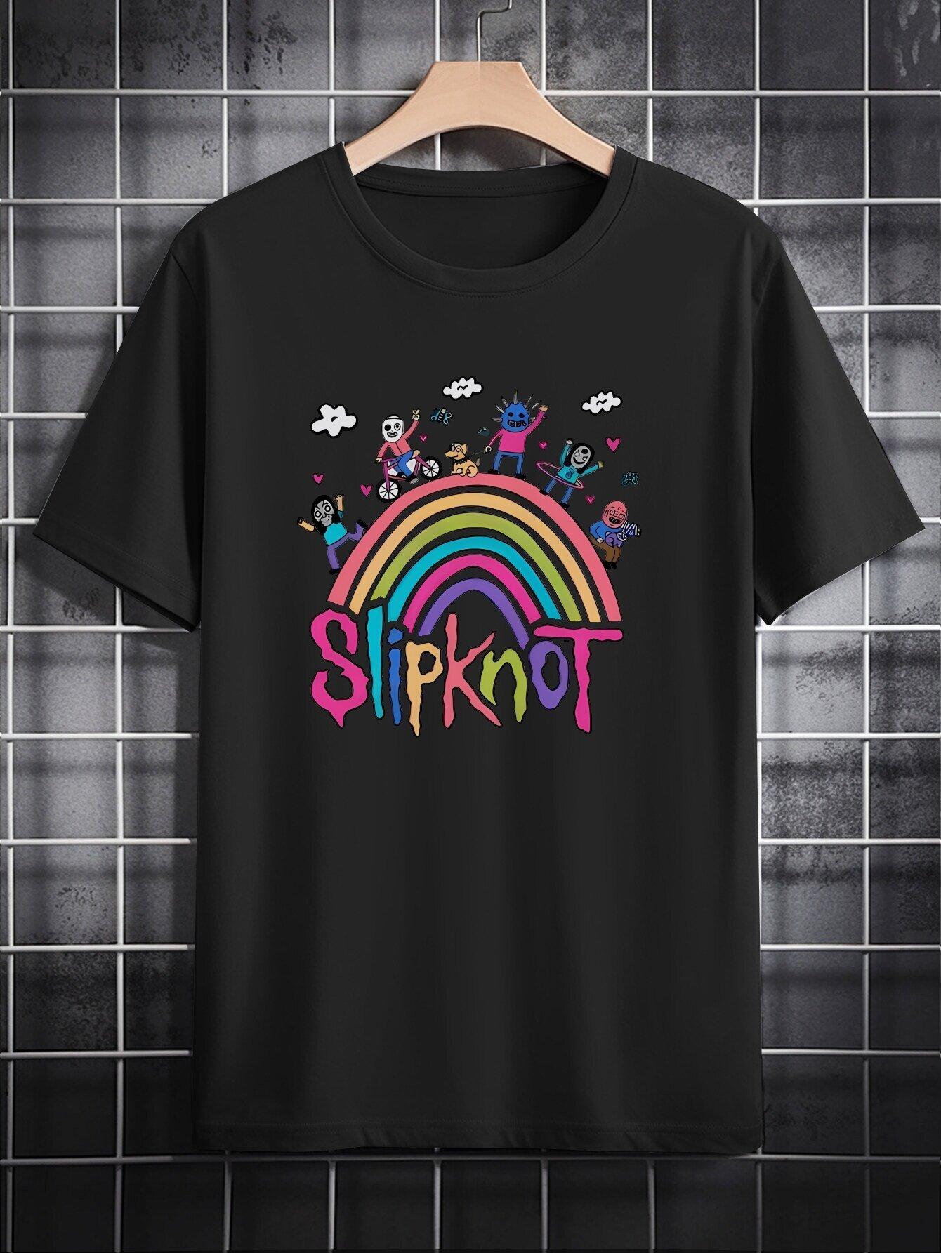 Casual Crew Neck T-shirt with Vibrant Slipknot Graphic Print – Black Polyester Tee S
