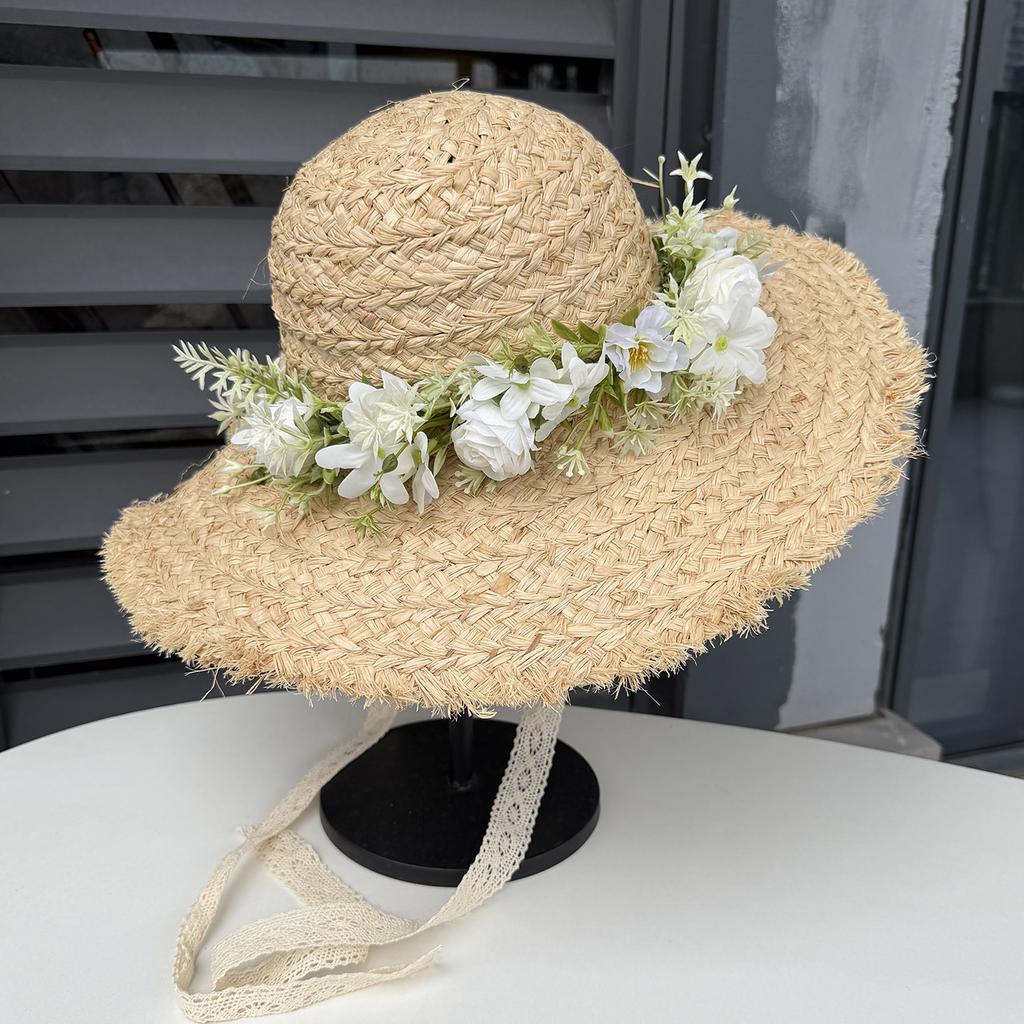 Small Fresh White Flower Lafite Straw Hat Ladies Lace Strap Straw Sun Hat Big Eaves Sunscreen Sun Hat Summer