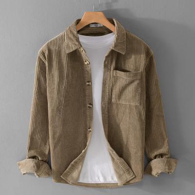 Herren Corduroy Lässiges Button-Down-Hemd mit Brusttasche, Retro Lockerer Schnitt Langarmhemd