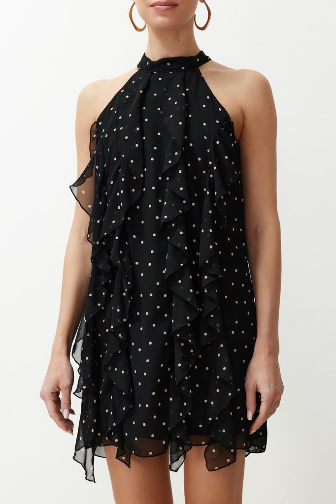 Women's Dress New Season Fashion Black Polka Dot Flounced Chiffon Lined Mini Woven Dress