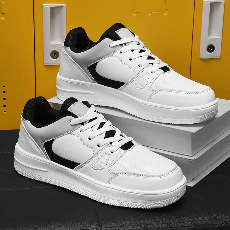 White Men's Leather Casual Shoes Outdoor Running Sports Shoes Breathable Mesh Flat Shoes Student School Walking Sports Anti Slip