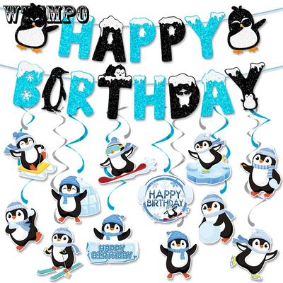 Penguin Birthday Decoration Banner Winter Festival Birthday Decoration Spiral Pendant Birthday Flag and Flower Arrangement