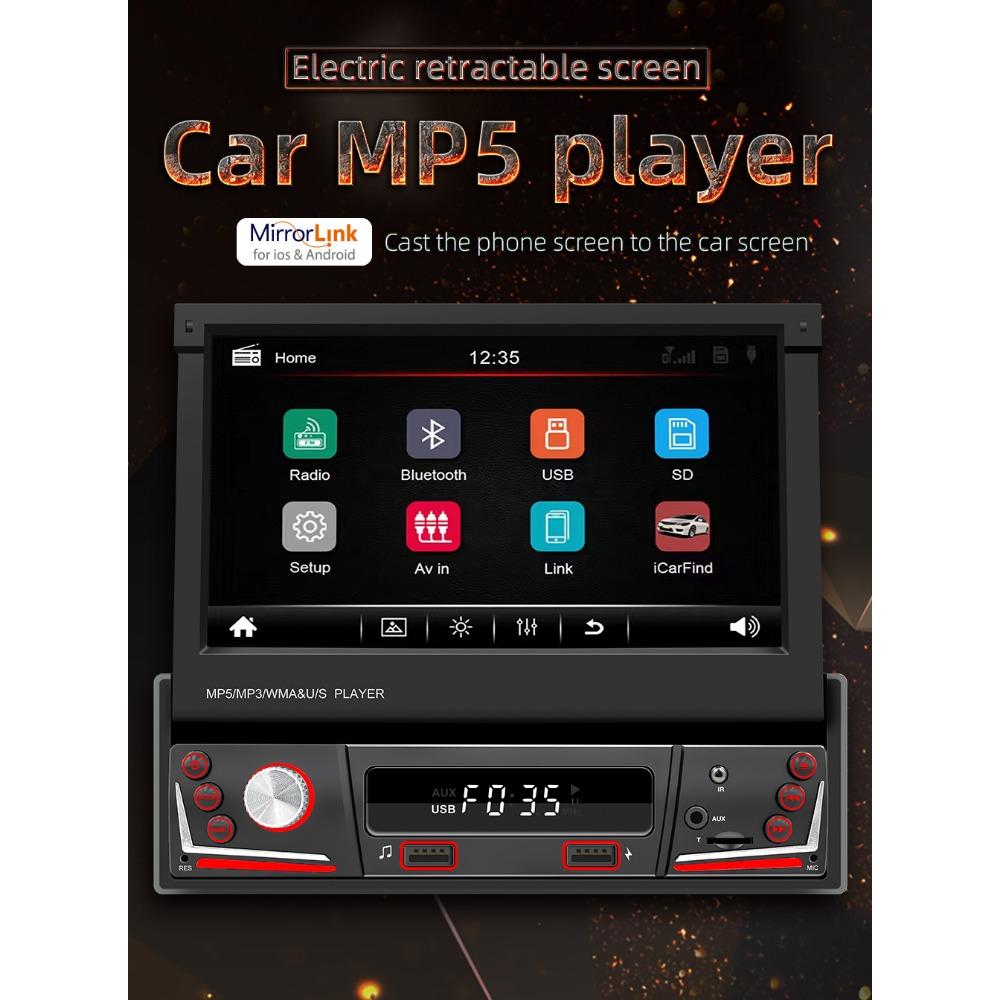 1 Din Autoradio Elektrisch versenkbarer Bildschirm Autoradio Universal Multimedia MP5 Player 7 Lichter Kabelgebundenes Carplay Bluetooth Auto Stereo