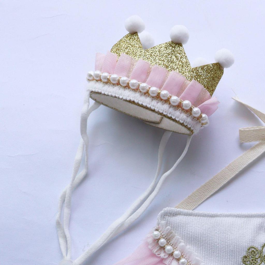 Pet Birthday Bandana & Crown Set with Embroidery and Lace