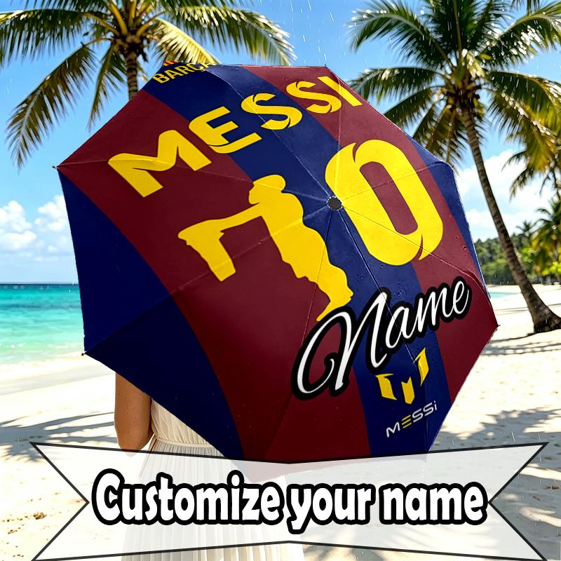 Custom Name Personalized Lionel Messi Print Umbrella, Auto Open Close, 8‑Rib Sturdy Frame, Commute Camping Hiking Use, Birthday Gift