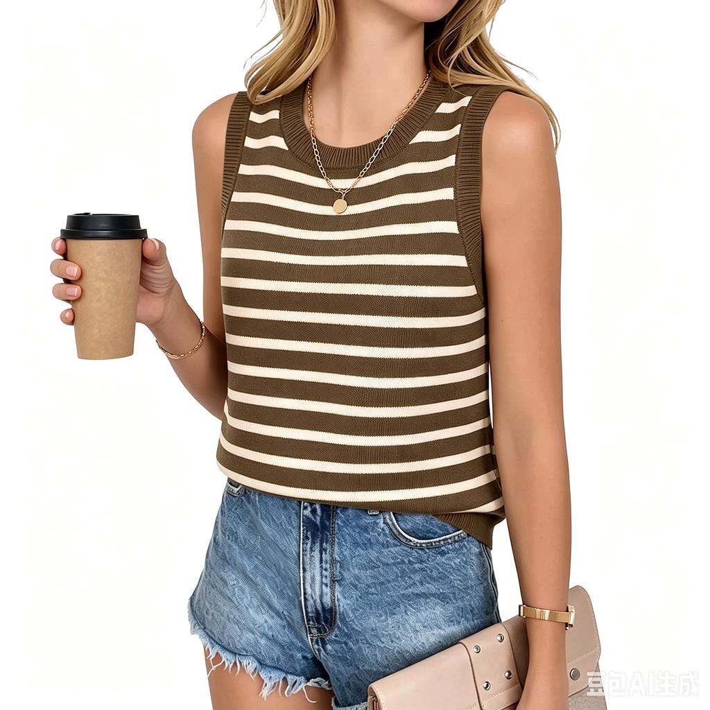 Women Casual Sleeveless Pullover Tank Top Crew Neck Striped Knit Vest Summer Lightweight Comfortable Blouse