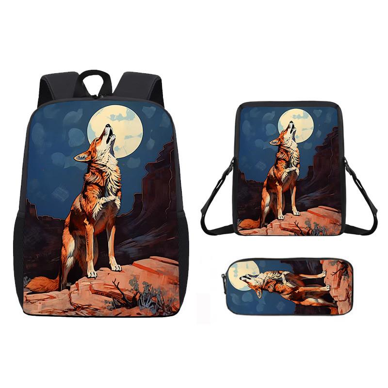 Pattern Animal Wolf Backpack Kids Shoulder Bag Pencil Case Student Use School