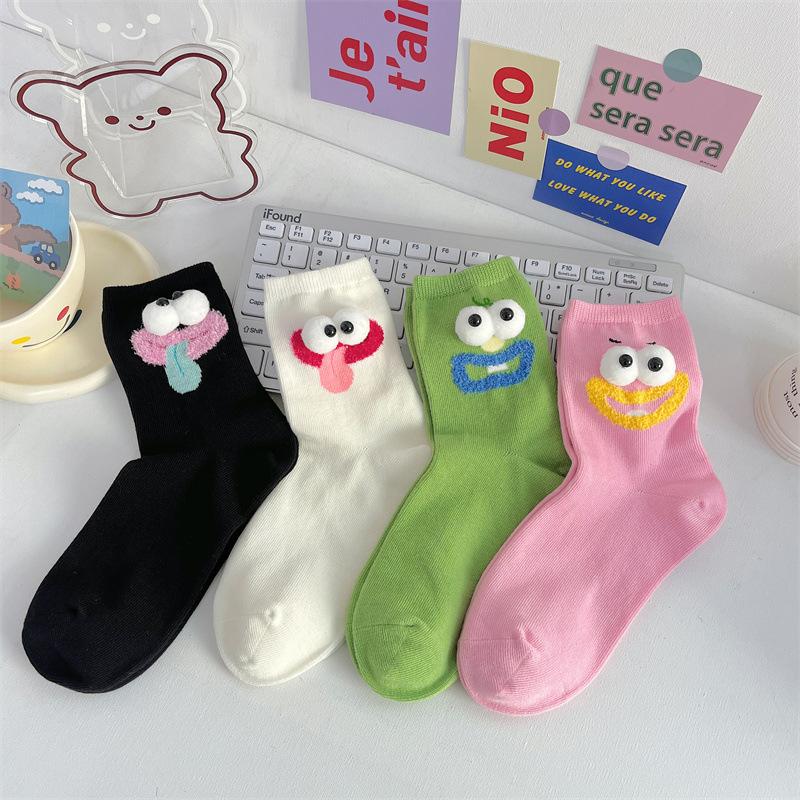 3 Pairs Women's Spring Summer New Cotton Socks Cute Cartoon Ugly Cute Little Eyes MidTube Pile Pile Socks Sweet Style Kawaii