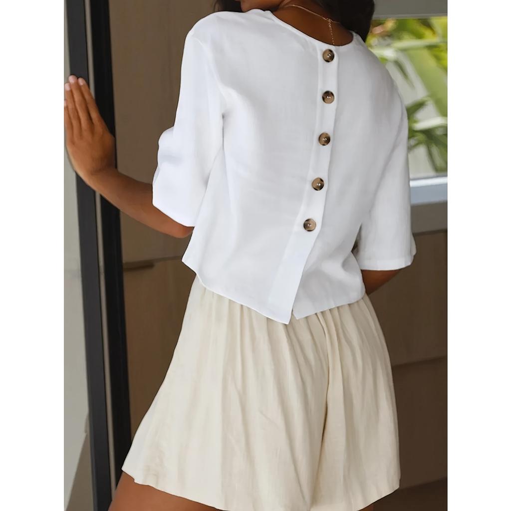 Top Camicia Bianca Bottoni Girocollo Larga Stile Etnico Retro Estivo per Donna Blusa Casual Crossbody Europeo Americano