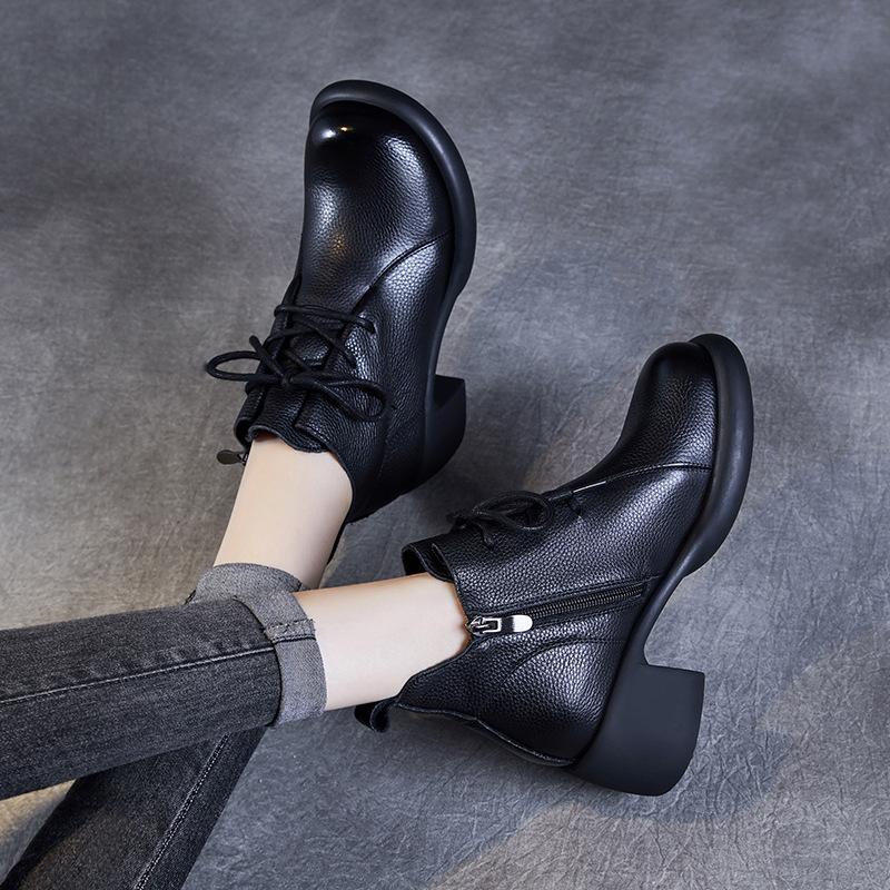 Cowhide Handmade Retro Medium Heel Short Women's Autumn New Lace-up Mother Leather Shoes Genuine Leather Martin Single