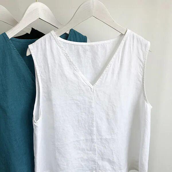Women's V-Neck Cotton Linen Vest, Artistic Loose Fit, Korean Style Solid Color Sleeveless Top, 2026 Edition.