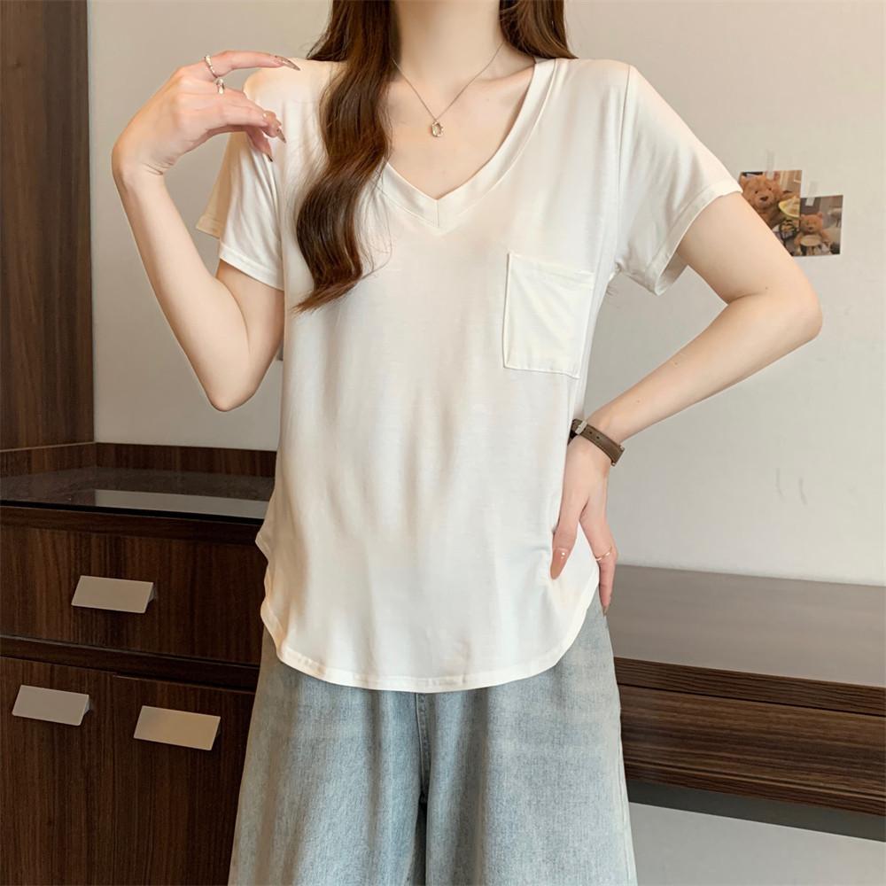 

Pure desire wind loose and careful machine V-neck pocket short-sleeved T-shirt women s summer new sexy women s top M