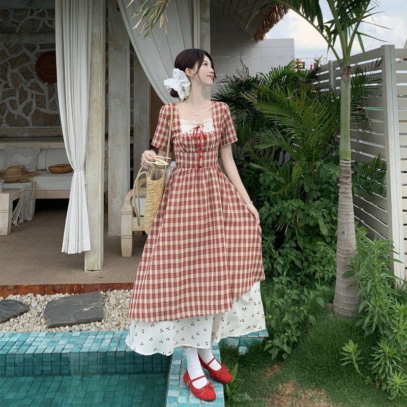 Summer Japanese sweet age-reducing red plaid dress lace splicing cherry floral dress fake two-piece skirt