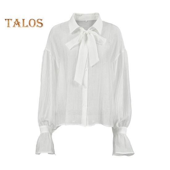 

Женская рубашка с лацканами и воротником-бабочкой, расклешенная, с длинным рукавом, однобортная рубашка, прозрачная, однотонная, свободного кроя, женская повседневная рубашка M белый