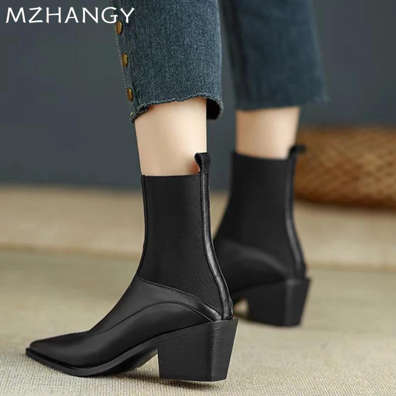 Women Leather Ankle Boots Pointed Toe Mid Heels Shoes Woman 2025 Trend Fashion Winter Elegant Dress Chelsea Boots Mujer Botas