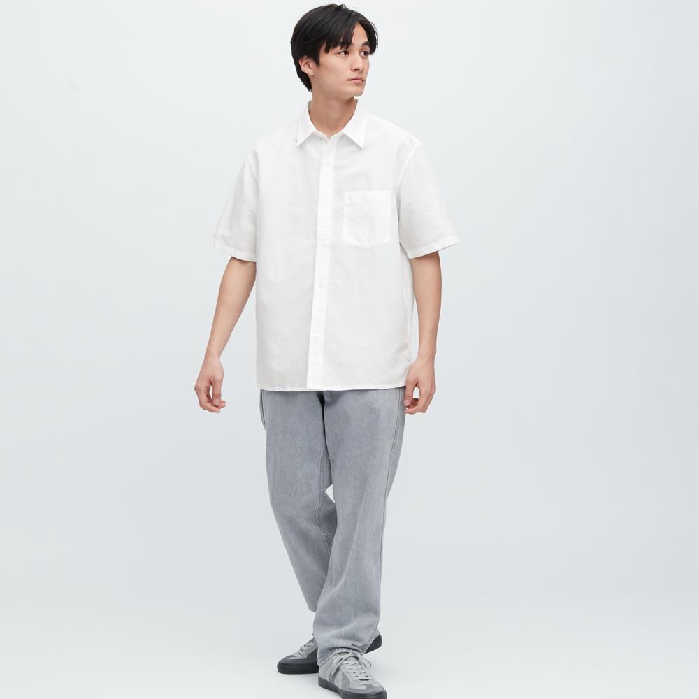 UNIQLO Solid Color Short Sleeve Shirt Men shirts White 455970-00