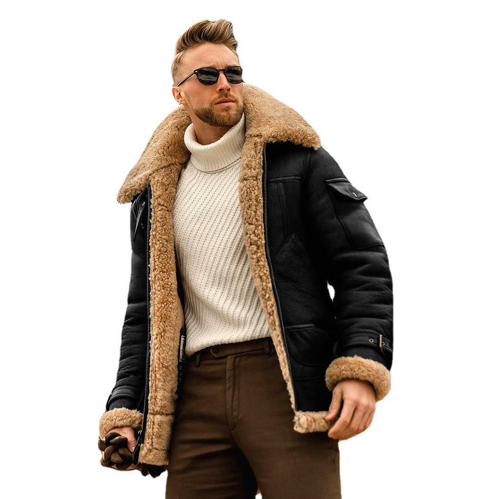 Men's 2021 Faux Leather Shearling Jacket - Thickened Mid-Length Fleece Coat