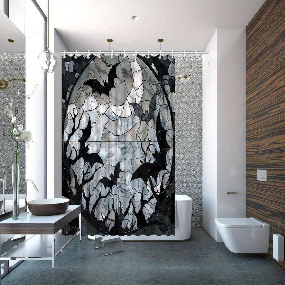 

Gothic Moonlit Night Shower Curtain With Bats And Clouds Design, Black Polyester Fabric, 12 Hooks, Cracked Border Mosaic Pattern W60H190(CM)-1 Pcs