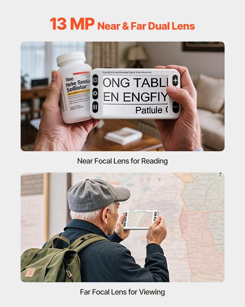 Portable Digital Magnifier, 127mm HD Electronic Video Magnifier for Low Version, 2X - 48X Electronic Reading Aid with 13MP Near & Far Dual Lens, 26