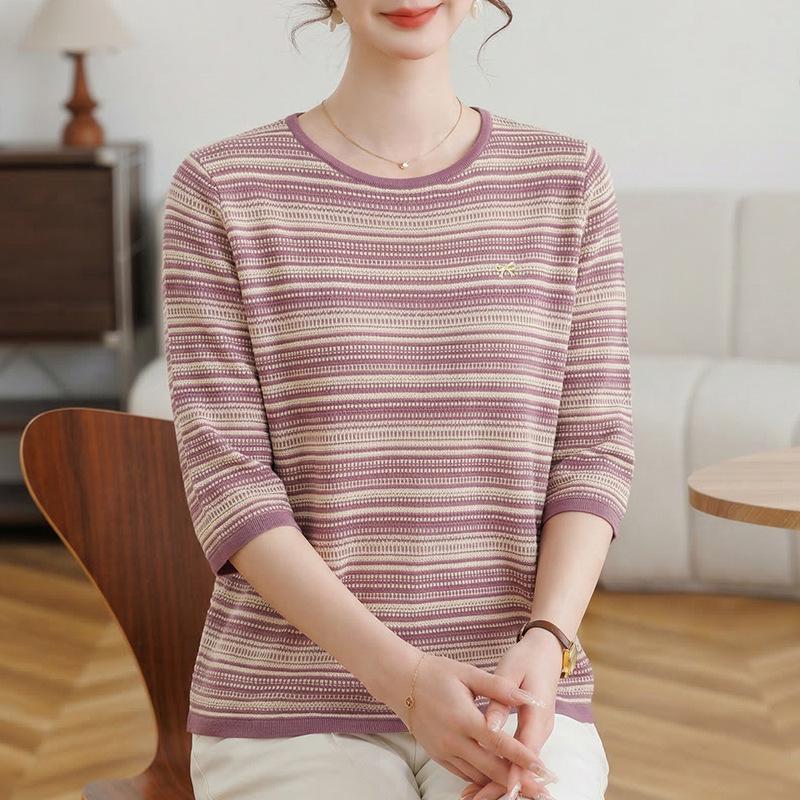 

Mom s Spring 2026 Ice Silk Loose Knit Short-Sleeve Top for Middle-Aged & Elderly Women XL (suitable for 100-110 jin) фіолетовий