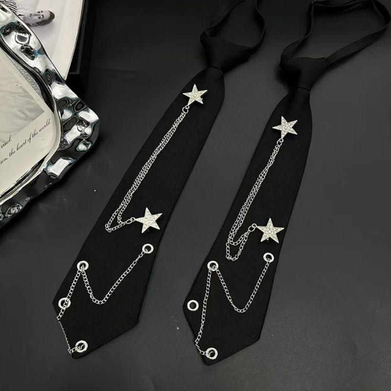 Punk Star Chain Decors Neck Tie for JK Costumes and Everyday Wear Uniform Tie Party Neckwear for Student Formal Event