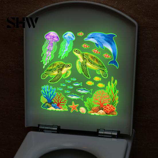 Underwater World Toilet Seat Decals Ocean Themed Glow In The Dark Stickers, Waterproof PVC Marine Life for Bathroom Stickers Wall Decor, Dolphins