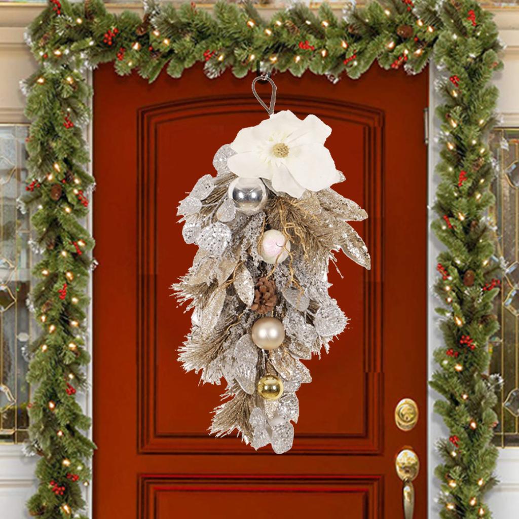 Hanging Farmhouse Glitter Artificial Flower Door Swag Xmas Teardrop Swag with Balls Pine Cone for Wall Front Door Party