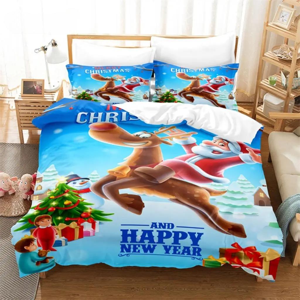 Weihnachts-Bettbezug-Set mit Weihnachtsmann-Motiv, Weihnachtsschlitten-Bettwäsche-Set, weich, bequem, atmungsaktiv, Bettbezug für Schlafzimmer und Gästezimmer