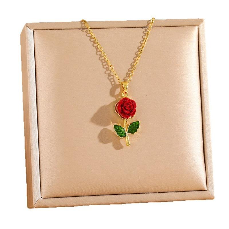 Titanium Steel Rose Flower Pendant Necklaces, Gold Plated Enamel Romantic Jewelry for Daily Wear & Gift