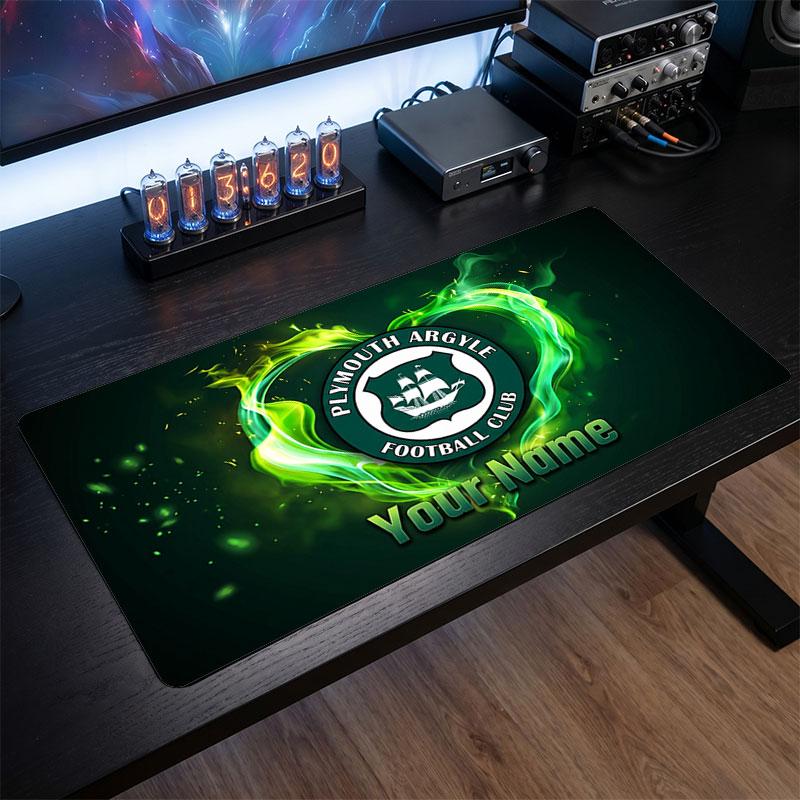 Plymouth Argyle FC Custom Large Mouse Pad, Personalized Name Text Print, Football Logo Non‑Slip Desk Mat Gaming Gift