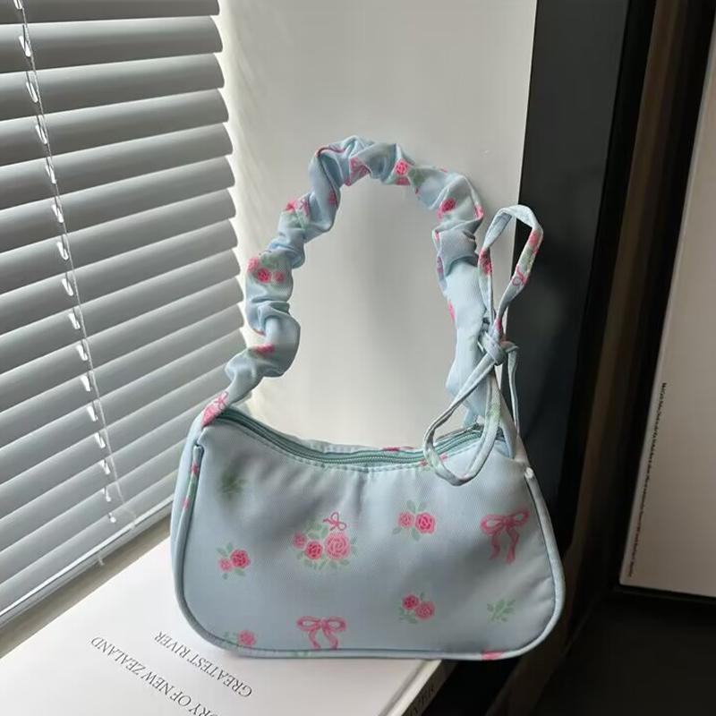 Unique Wrinkled Drawstring Floral Handbag Stylish Versatile Shoulder Underarm Purse Bag For Women