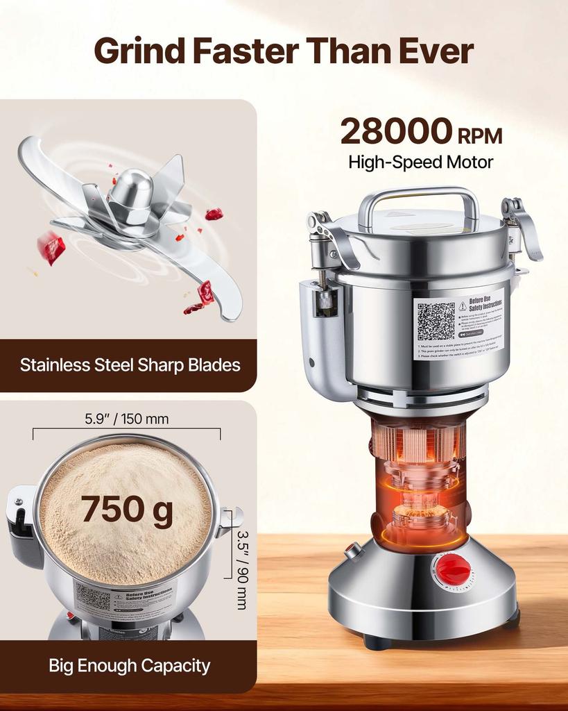 VEVOR 750g Electric Grain Mill Grinder, High Speed 2000W Commercial Spice Grinders, Stainless Steel Pulverizer Powder Machine