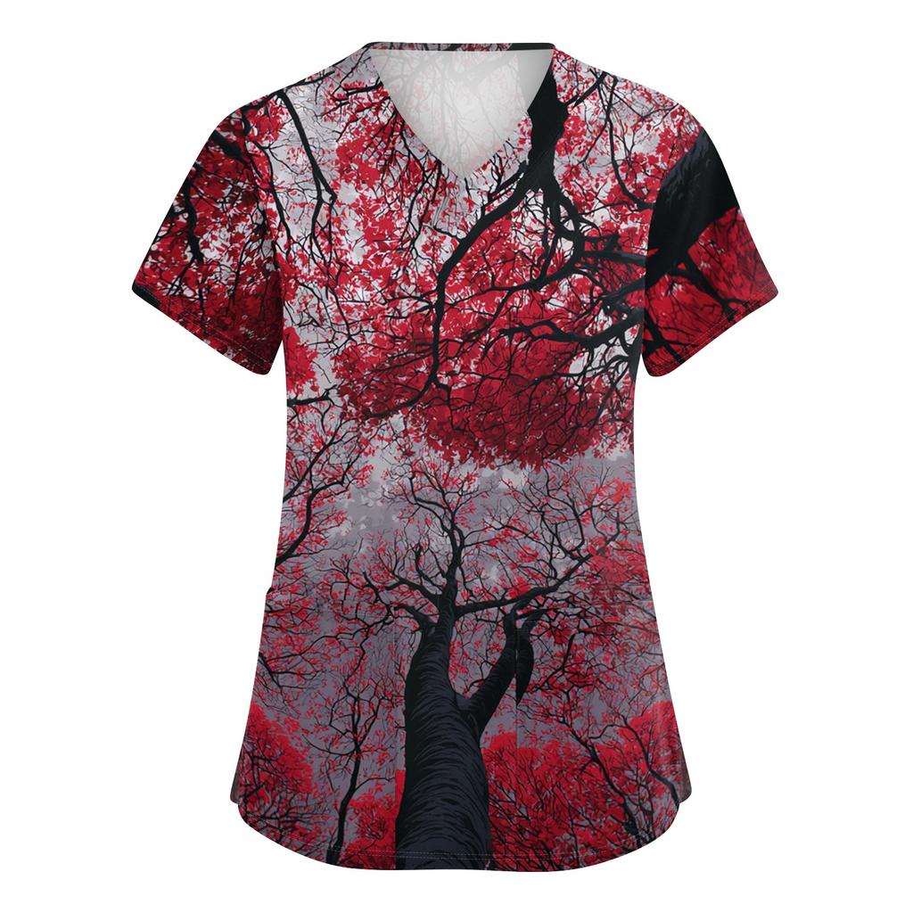 Women's V-Neck Short Sleeve Scrub Top with Pockets Halloween Print Uniform for Work