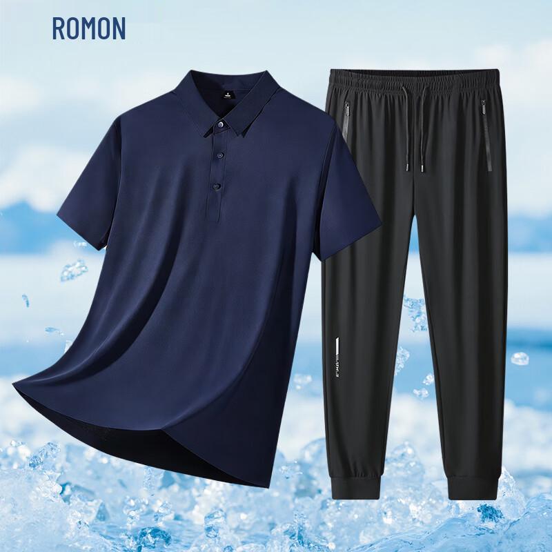 ROMON Men's Ice Silk Polo Shirt & Casual Pants Set