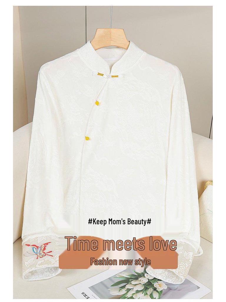 2024 Women's Retro Jacquard Frog Button Long Sleeve Shirt with Stand Collar