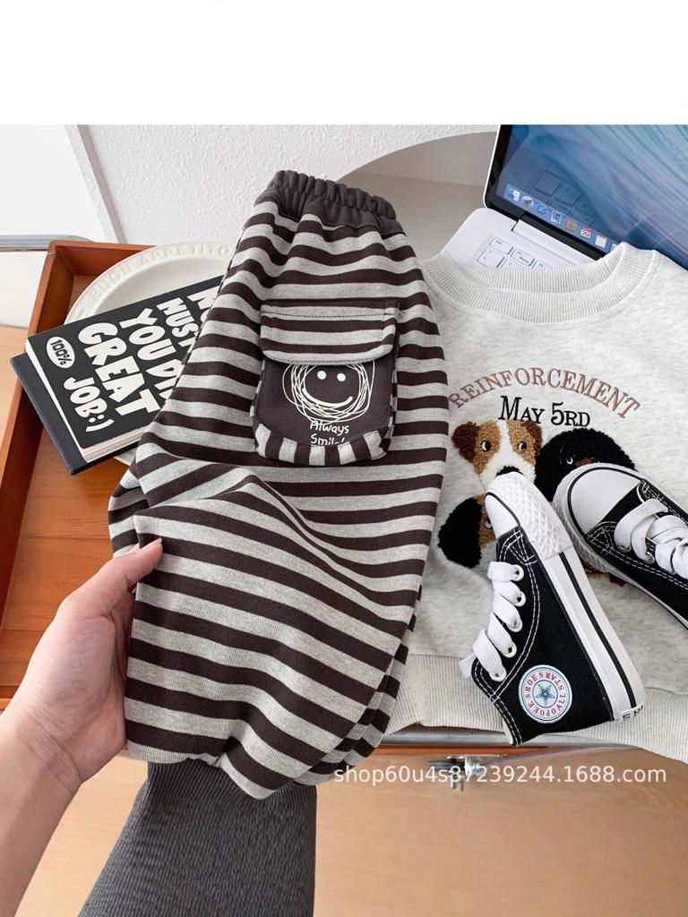 Boys' Cartoon Striped Sweatpants - Soft Casual Spring/Autumn Ankle-Cuff Pants for Small and Medium Children (2025)