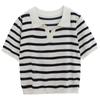 Striped Knitted Sweater Polo Collar Short Style All-match Short-sleeved T-shirt Women Xia Bingsi High-end Lapel Top Women
